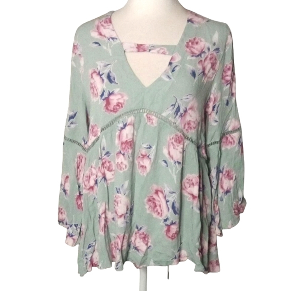 Cotton Bleu Mint Green Rose Floral Peasant Top Bell Sleeve Flowy Size Large